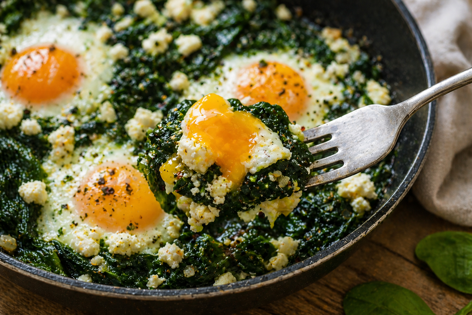Spinat-Feta-Pfanne mit Ei schnell und lecker