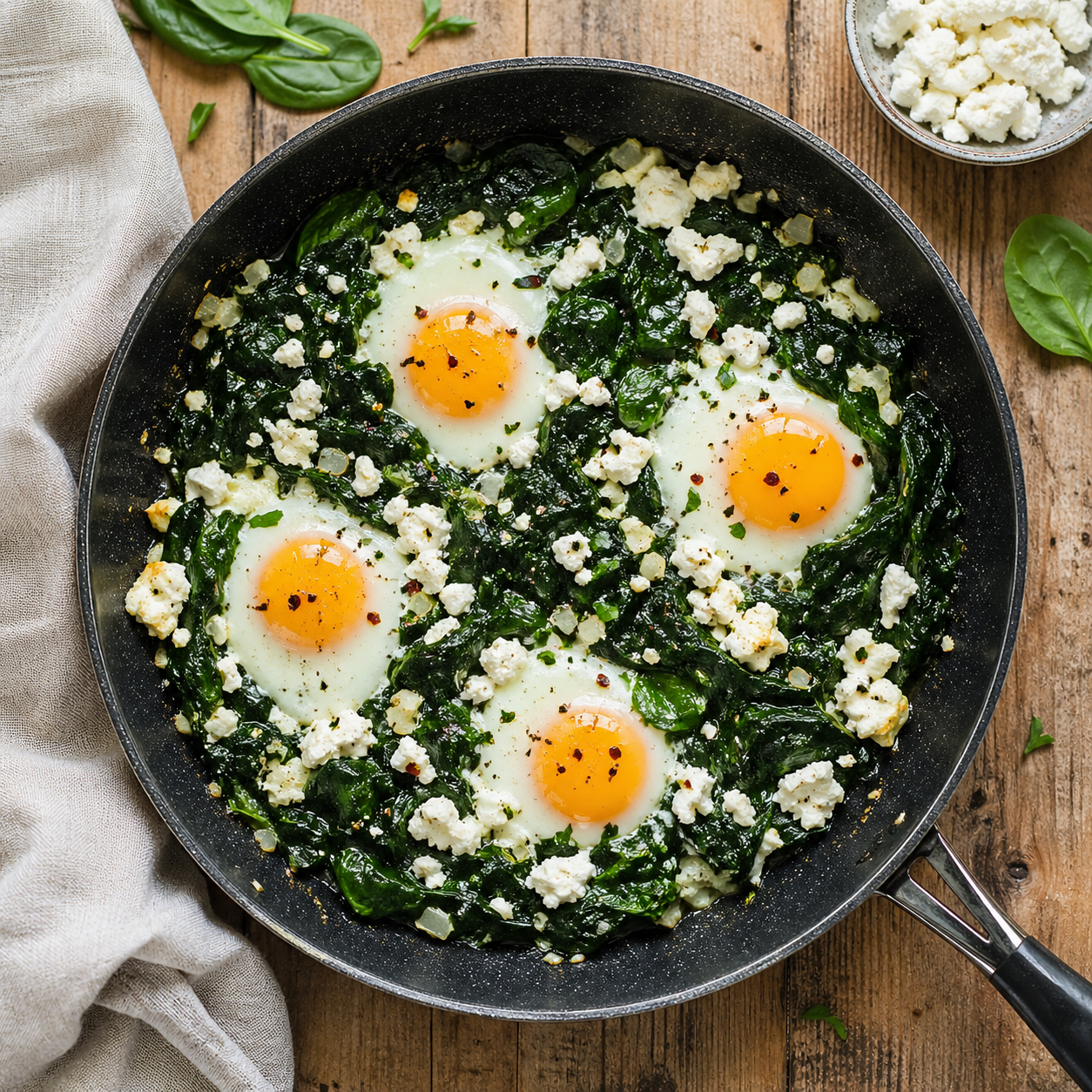 Spinat-Feta-Pfanne mit Ei schnell und lecker